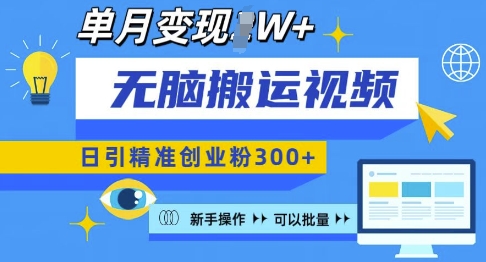 无脑搬运视频号可批量复制，新手即可操作，日引精准创业粉300+，月变现过W 【揭秘】-网赚项目平台