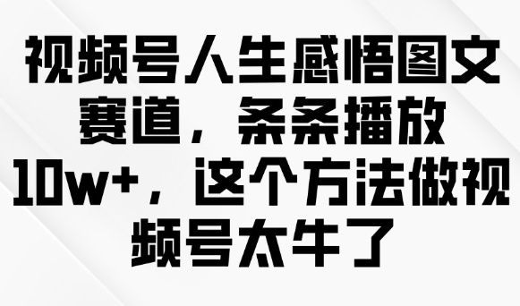 视频号人生感悟图文赛道，条条播放10w+，这个方法做视频号太牛了-网赚项目平台