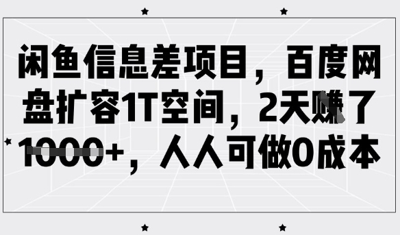 闲鱼信息差项目，百度网盘扩容1T空间，2天收益1k+，人人可做0成本-网赚项目平台
