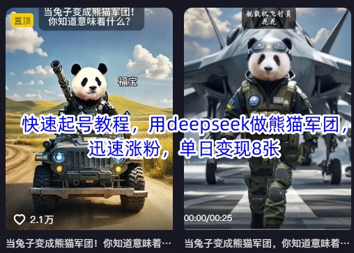 快速起号教程，用deepseek做熊猫军团，迅速涨粉，单日变现8张-网赚项目平台