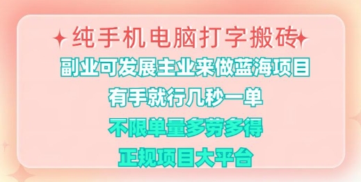 纯手机电脑打字搬砖，有手就行，几秒一单，多劳多得，正规项目大平台【揭秘】-网赚项目平台