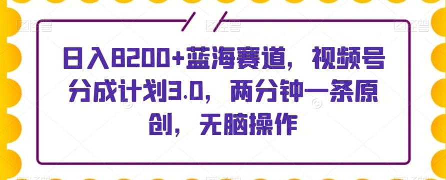 日入8200+蓝海赛道，视频号分成计划3.0，两分钟一条原创，无脑操作-网赚项目平台