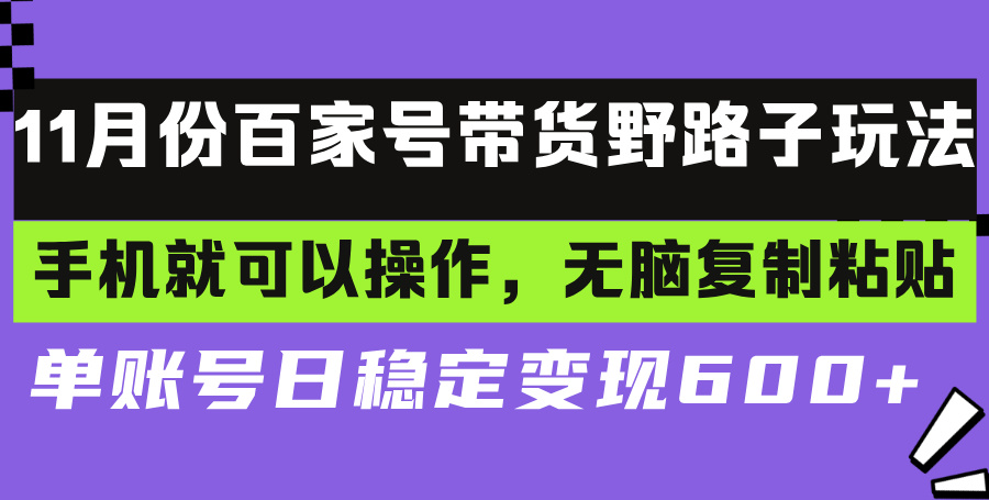 百家号带货野路子玩法 手机就可以操作，无脑复制粘贴 单账号日稳定变现…-网赚项目平台