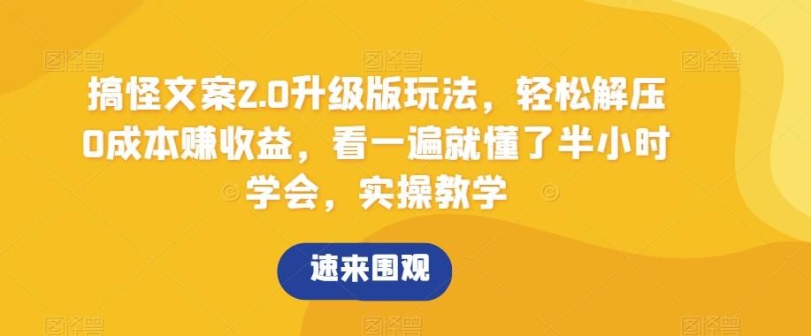 搞怪文案2.0升级版玩法，轻松解压0成本赚收益，看一遍就懂了半小时学会，实操教学【揭秘】-网赚项目平台