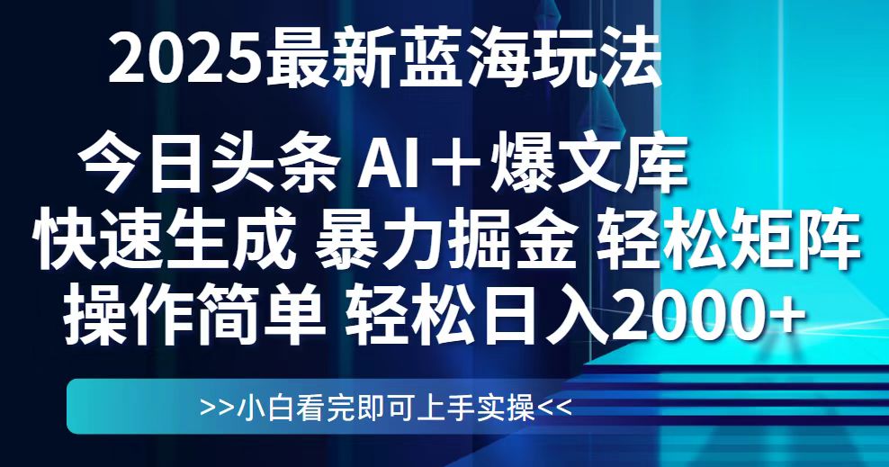 今日头条2025最新蓝海玩法，思路简单，复制粘贴，轻松实现矩阵日入2000+-网赚项目平台