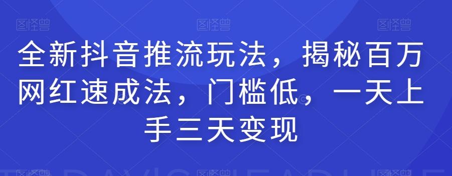 全新抖音推流玩法，揭秘百万网红速成法，门槛低，一天上手三天变现-网赚项目平台