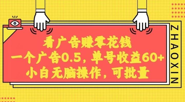 无脑看广告获取收益，一条广告0.5，日稳定60-100+，可批量放大，超级稳定-网赚项目平台