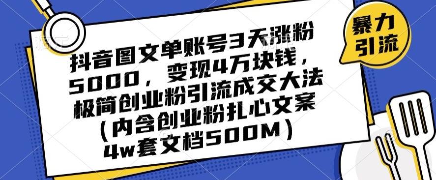 抖音图文单账号3天涨粉5000，变现4万块钱，极简创业粉引流成交大法-网赚项目平台