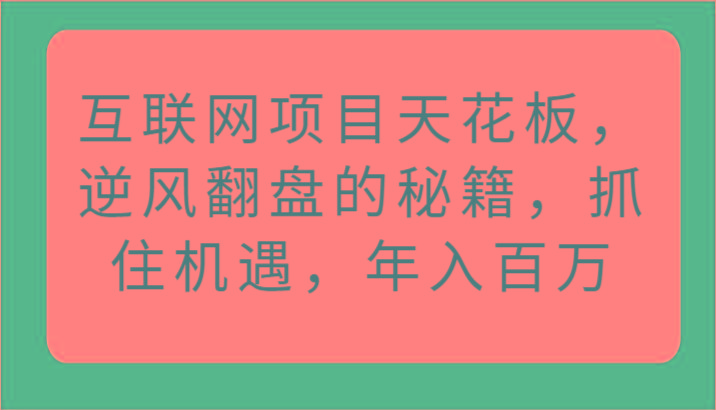 互联网项目天花板，逆风翻盘的秘籍，抓住机遇，年入百万-网赚项目平台