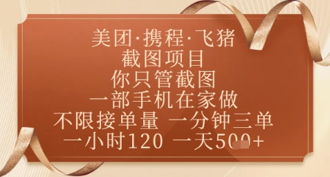 飞猪美团截图项目，你只管截图，一部手机在家做，正规平台无套路，一天5张+【揭秘】-网赚项目平台