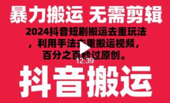 2024最新抖音搬运技术，抖音短剧视频去重，手法搬运，利用工具去重，达到秒过原创的效果【揭秘】-网赚项目平台