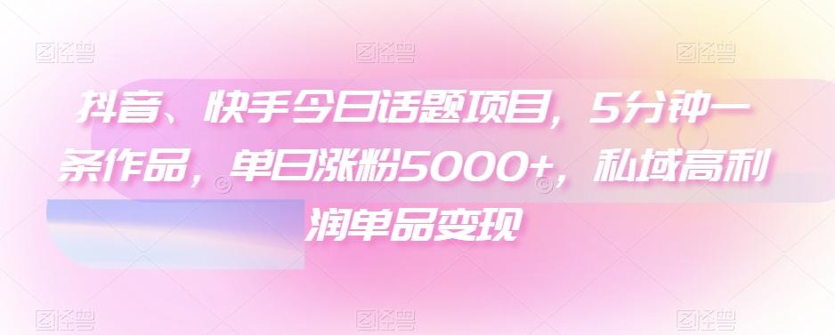 抖音、快手今日话题项目，5分钟一条作品，单日涨粉5000+，私域高利润单品变现-网赚项目平台