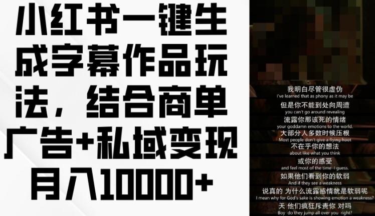 小红书一键生成字幕作品玩法，结合商单广告+私域变现月入1w+【揭秘】-网赚项目平台