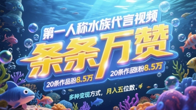 第一人称水族代言视频，条条万赞，20条作品涨粉7.8W，多种变现方式月入五位数-网赚项目平台